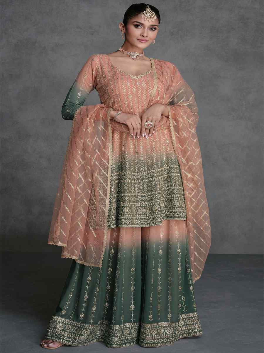 Peach Georgette Embroidered Festival Wedding Sharara Pant Salwar Kameez