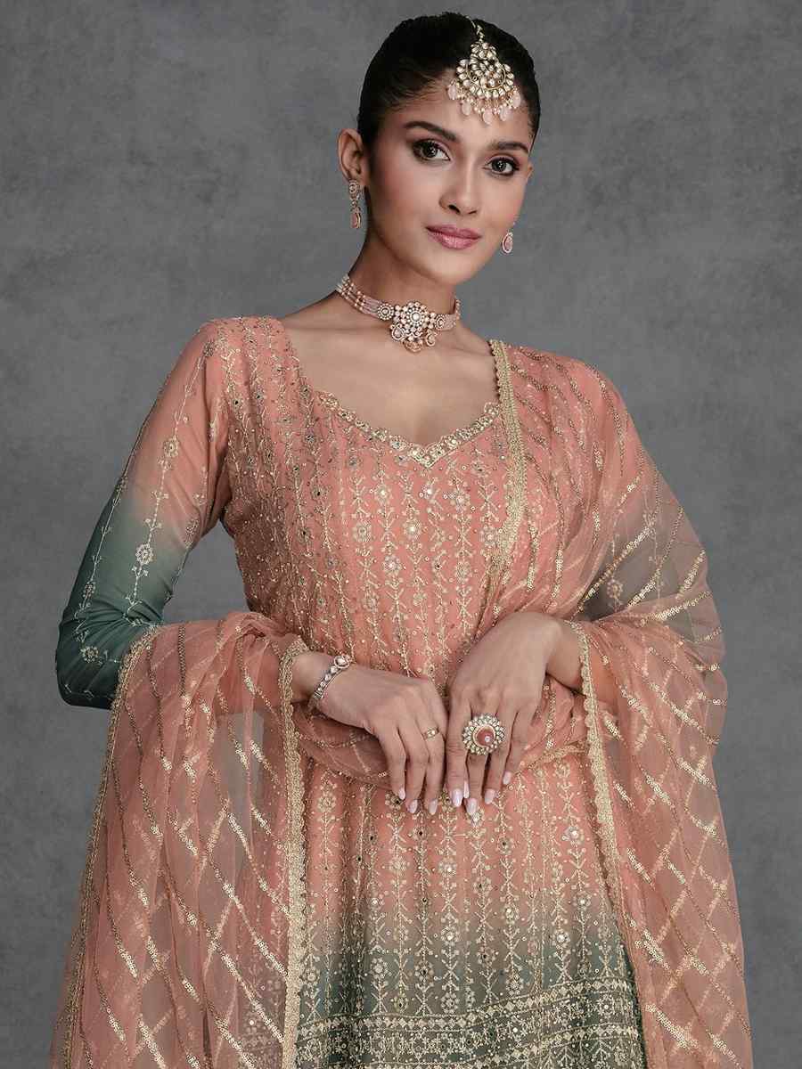 Peach Georgette Embroidered Festival Wedding Sharara Pant Salwar Kameez