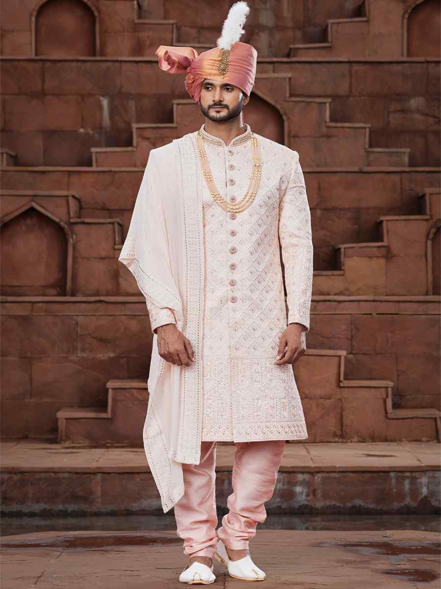 Peach Georgette Embroidered Groom Wedding Sherwani