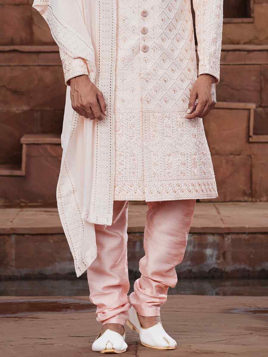 Peach Georgette Embroidered Groom Wedding Sherwani