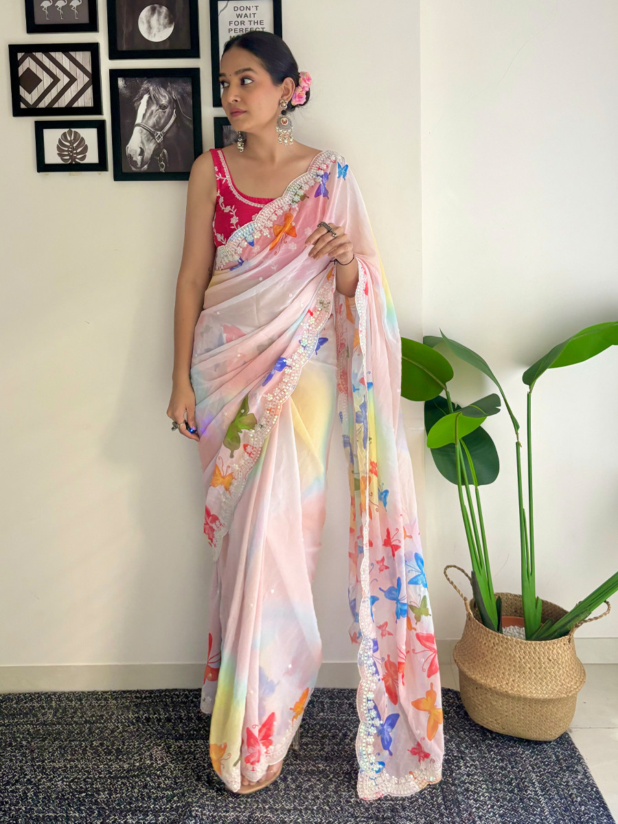 Peach Georgette Handwoven Festival Wedding Classic Style Saree