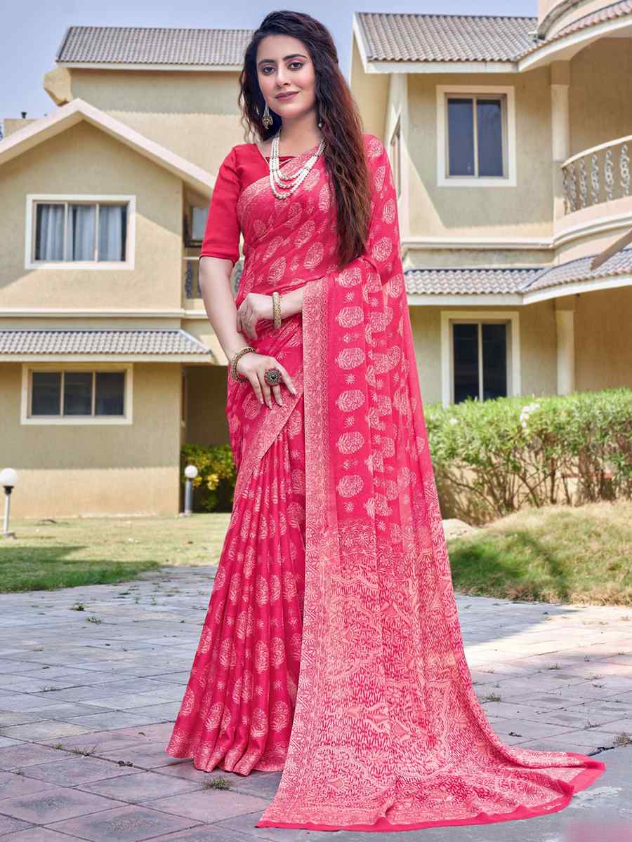 Peach Georgette Printed Casual Festival Contemporary Saree