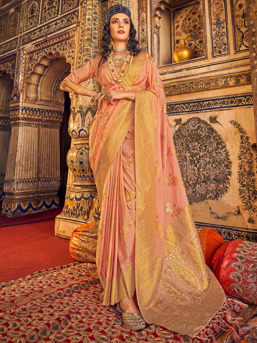 Peach Georgette Silk Handwoven Festival Wedding Heavy Border Saree