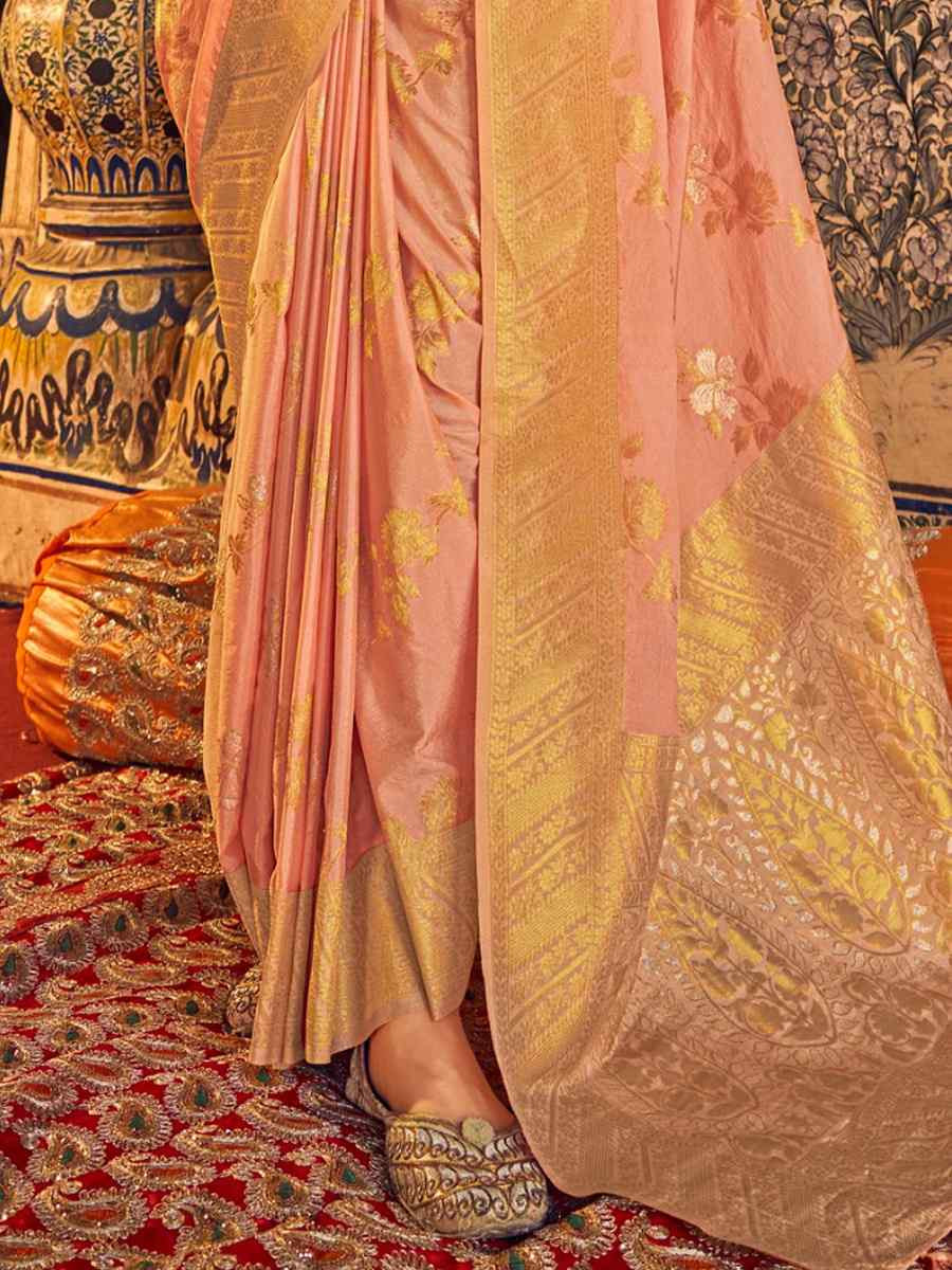 Peach Georgette Silk Handwoven Festival Wedding Heavy Border Saree