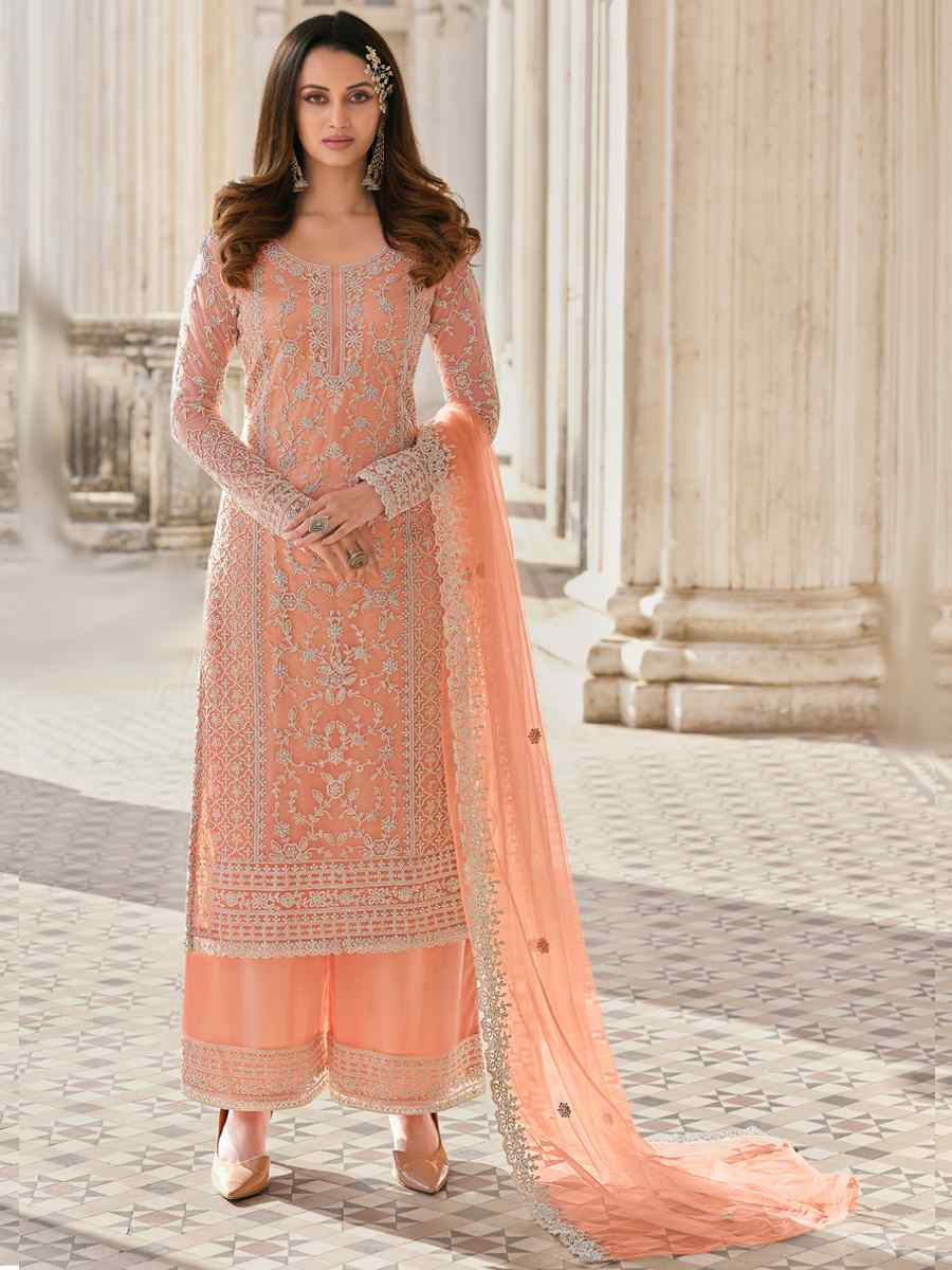 Peach Heavy Butterfly Net Embroidered Festival Wedding Palazzo Pant Salwar Kameez