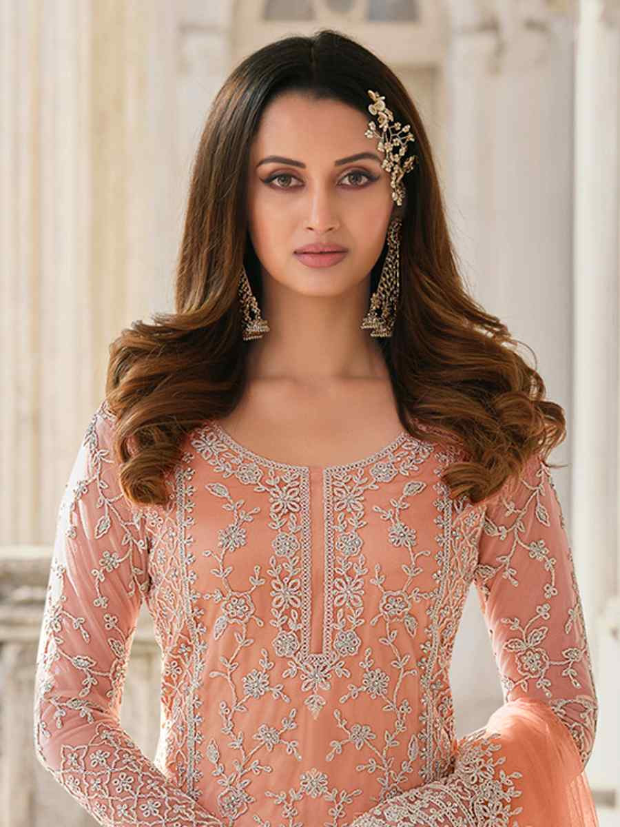 Peach Heavy Butterfly Net Embroidered Festival Wedding Palazzo Pant Salwar Kameez