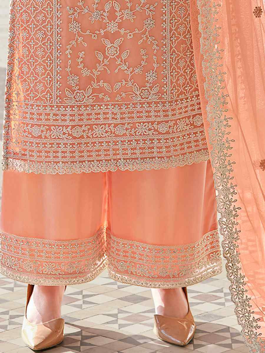 Peach Heavy Butterfly Net Embroidered Festival Wedding Palazzo Pant Salwar Kameez