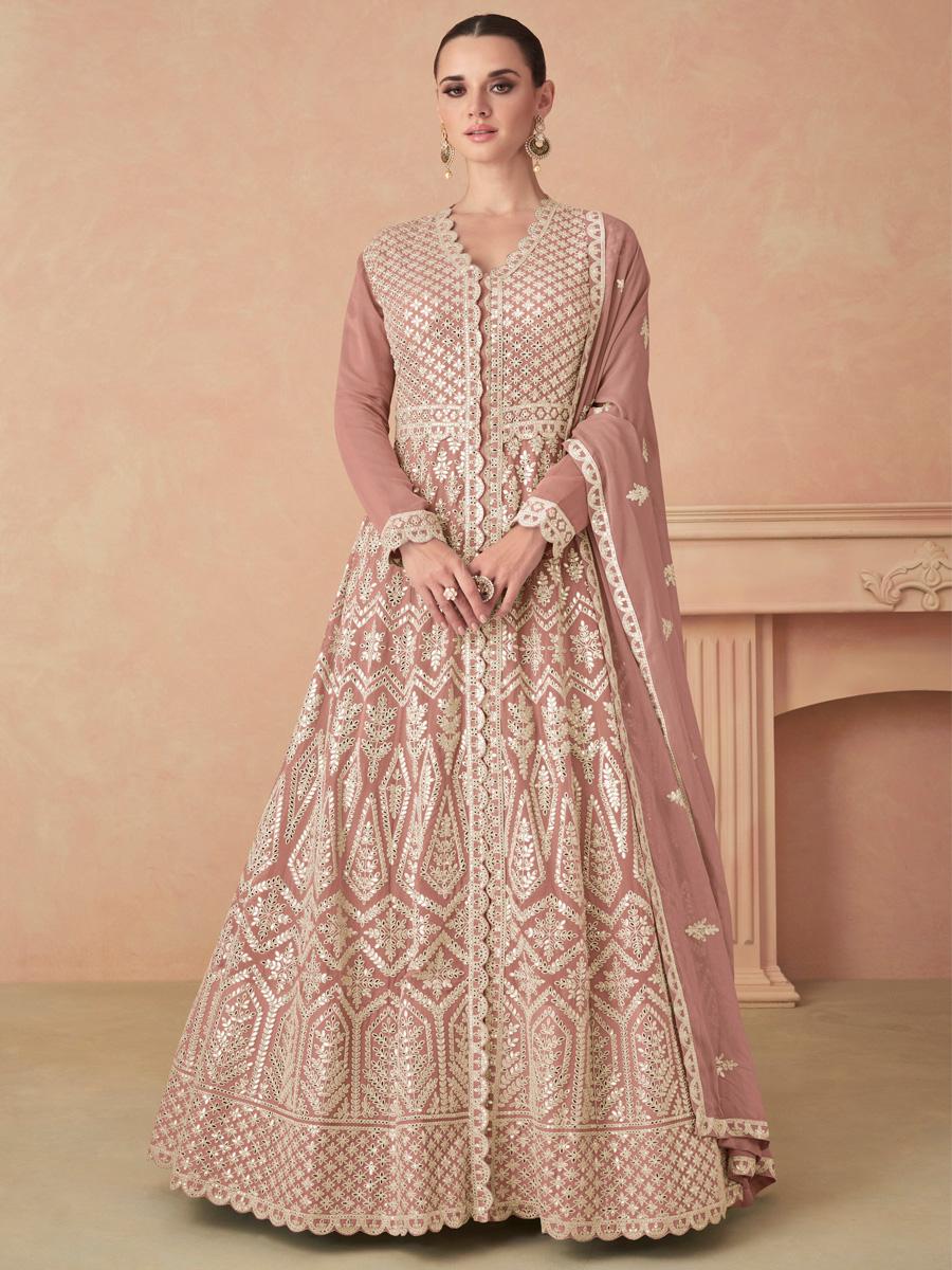 Peach Heavy Faux Georgette Embroidered Festival Wedding Anarkali Salwar Kameez