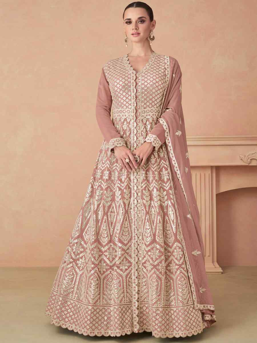 Peach Heavy Faux Georgette Embroidered Festival Wedding Pant Salwar Kameez