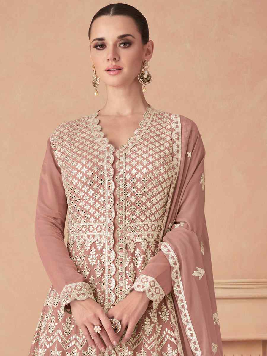 Peach Heavy Faux Georgette Embroidered Festival Wedding Pant Salwar Kameez