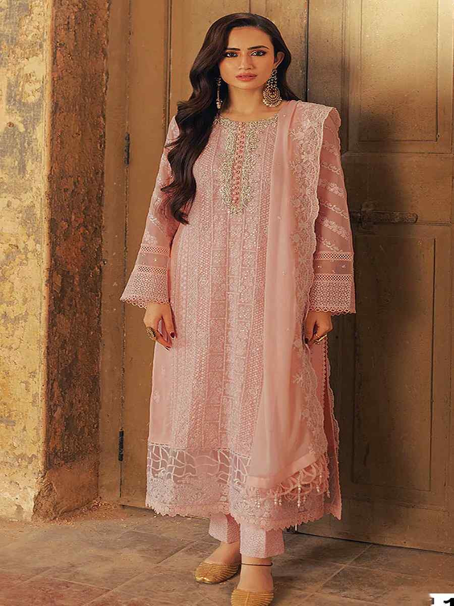 Peach Heavy Faux Georgette Embroidered Festival Wedding Pant Salwar Kameez