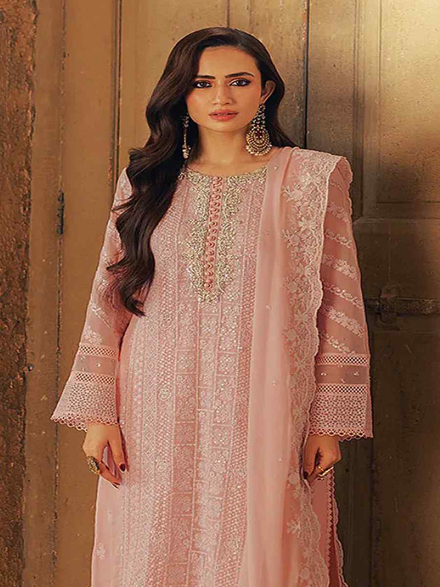 Peach Heavy Faux Georgette Embroidered Festival Wedding Pant Salwar Kameez