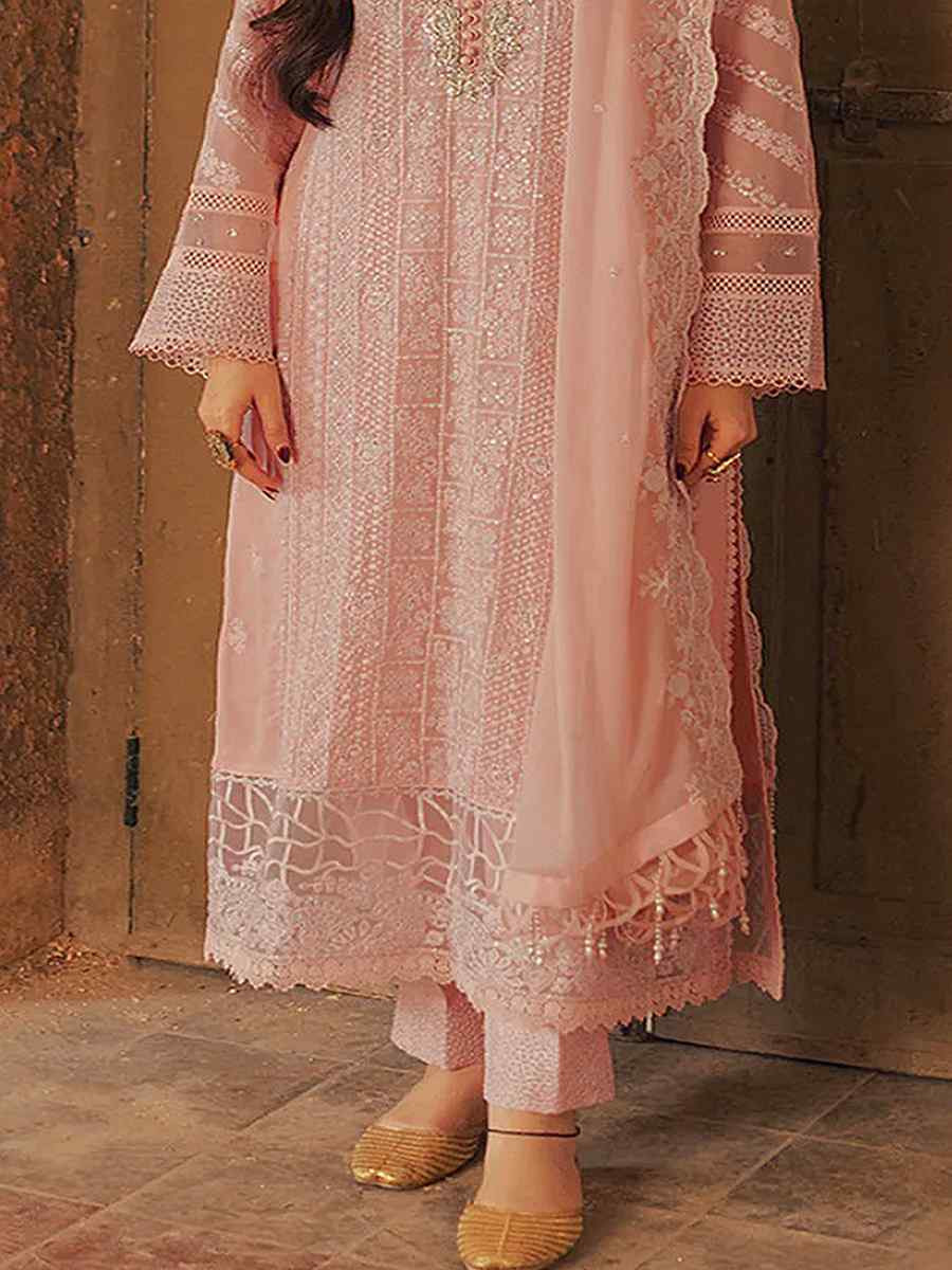 Peach Heavy Faux Georgette Embroidered Festival Wedding Pant Salwar Kameez