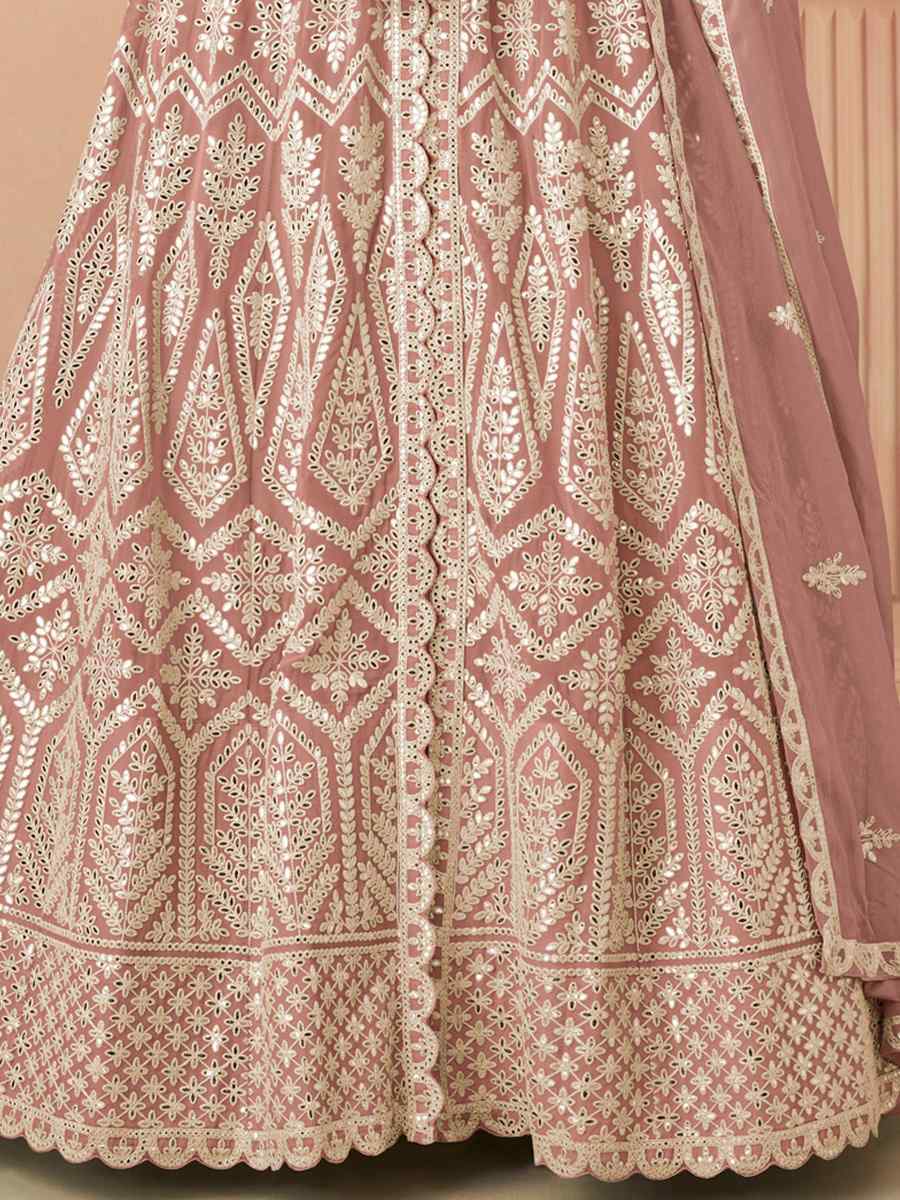 Peach Heavy Faux Georgette Embroidered Festival Wedding Pant Salwar Kameez