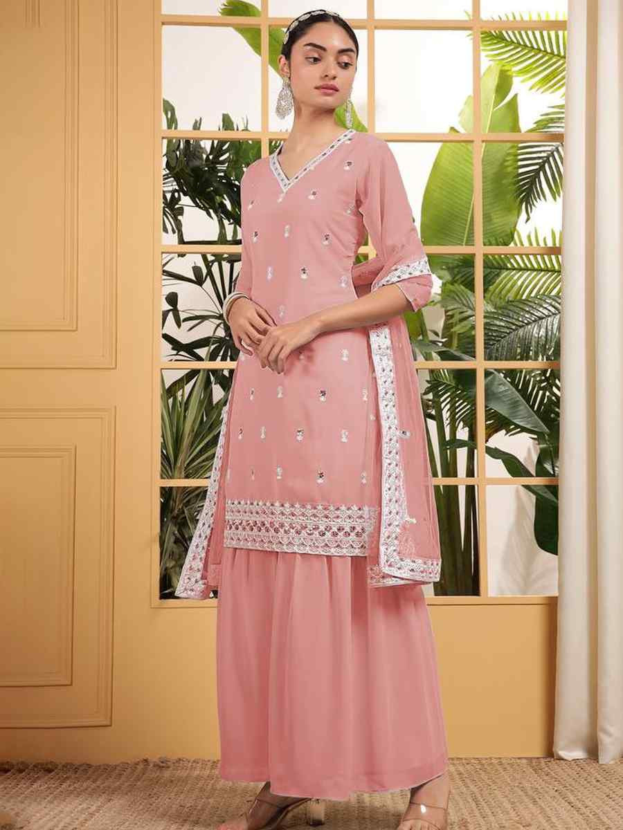 Peach Heavy Georgette Embroidered Festival Wedding Ready Sharara Pant Salwar Kameez