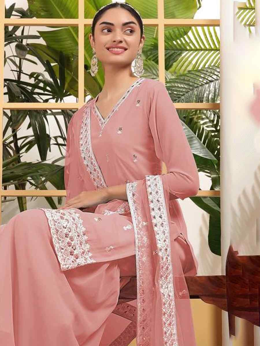 Peach Heavy Georgette Embroidered Festival Wedding Ready Sharara Pant Salwar Kameez