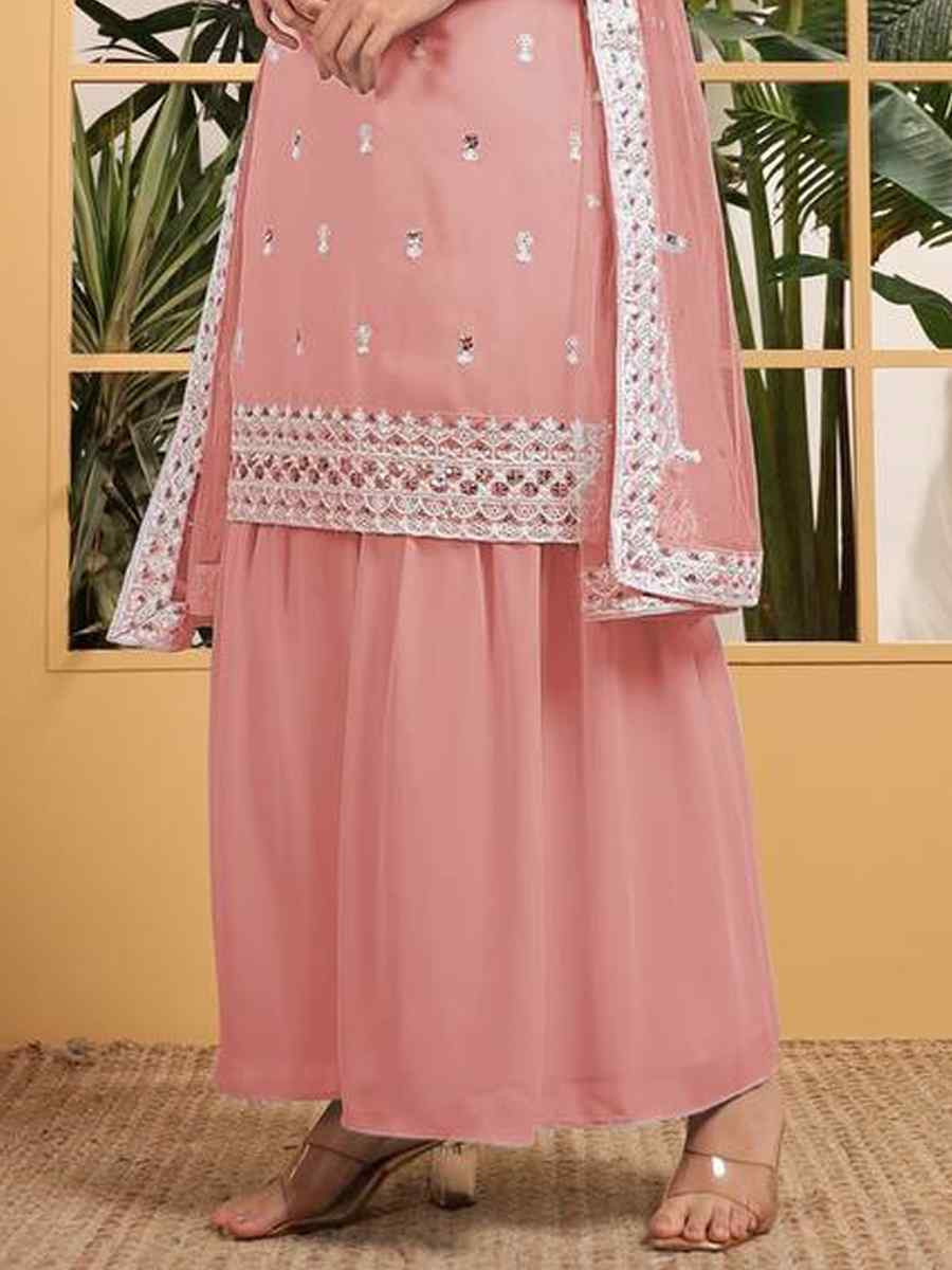 Peach Heavy Georgette Embroidered Festival Wedding Ready Sharara Pant Salwar Kameez