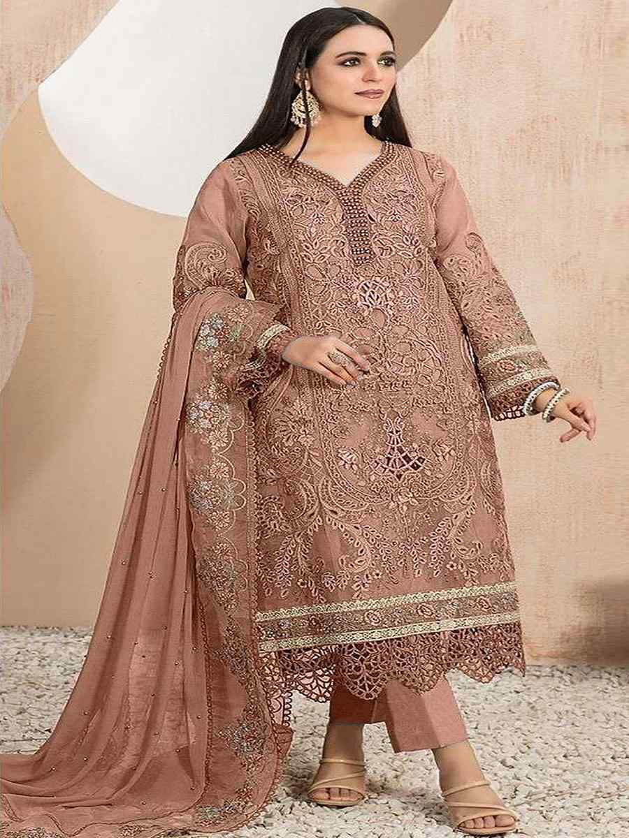 Peach Heavy Organza Embroidered Festival Casual Pant Salwar Kameez