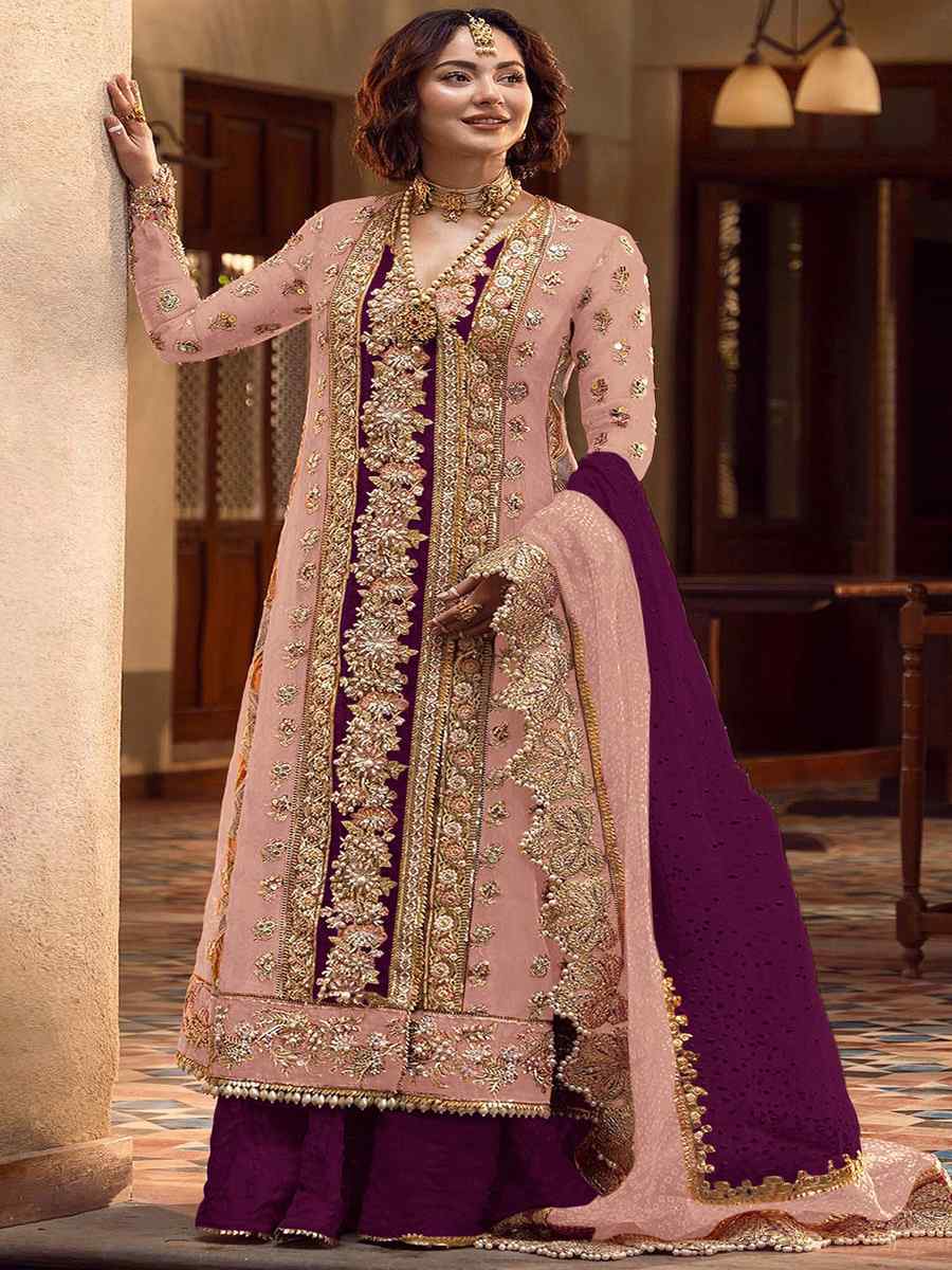 Peach Heavy Organza Embroidered Festival Wedding Palazzo Pant Salwar Kameez