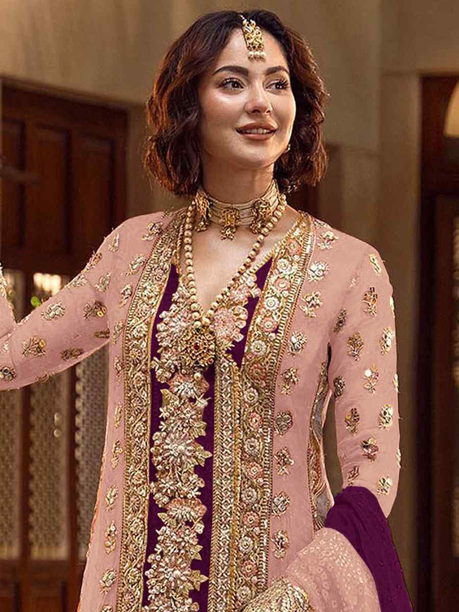 Peach Heavy Organza Embroidered Festival Wedding Palazzo Pant Salwar Kameez