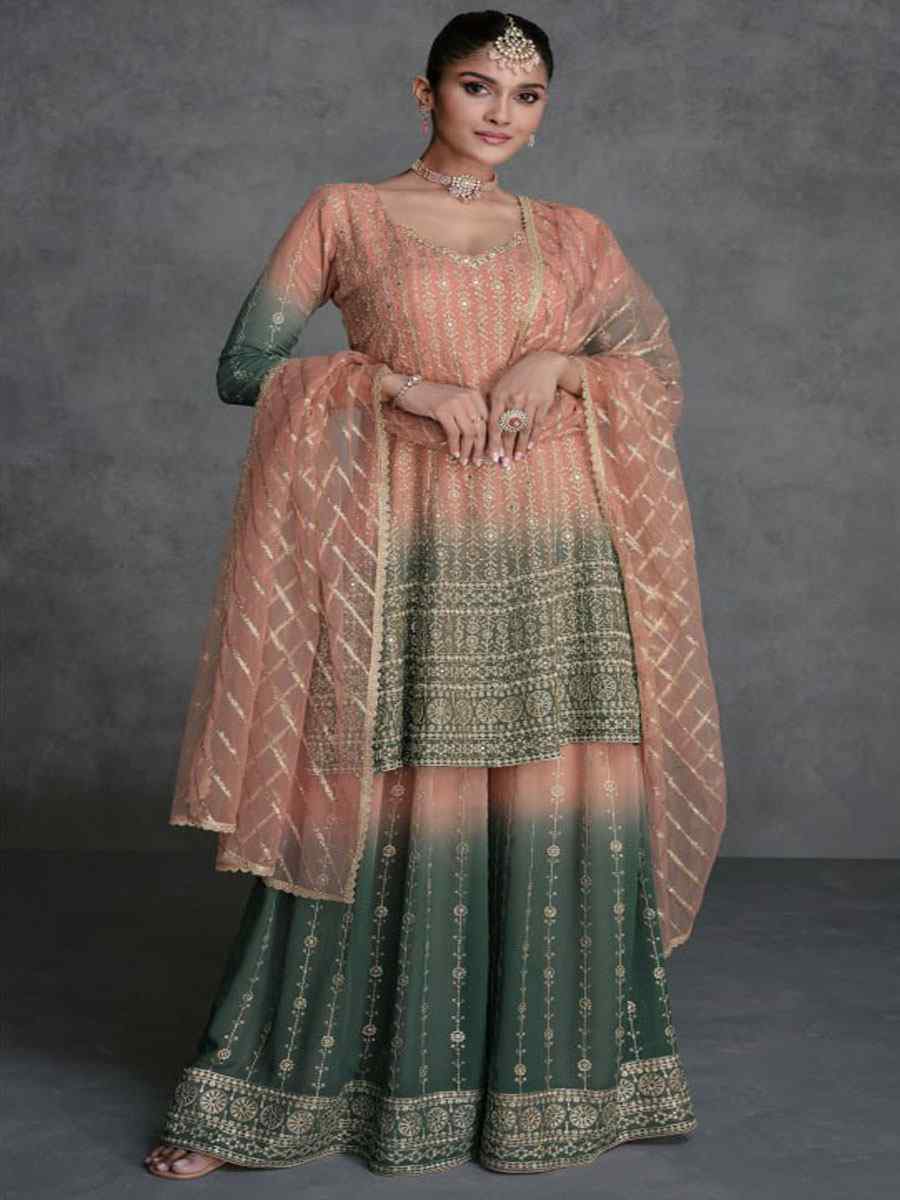 Peach Heavy Real Georgette Embroidered Festival Wedding Pant Salwar Kameez