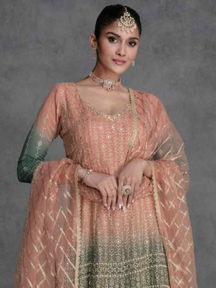 Peach Heavy Real Georgette Embroidered Festival Wedding Pant Salwar Kameez