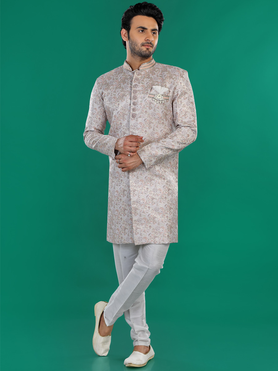 Peach Jacquard Silk Brocade Embroidered Party Wedding Kurta