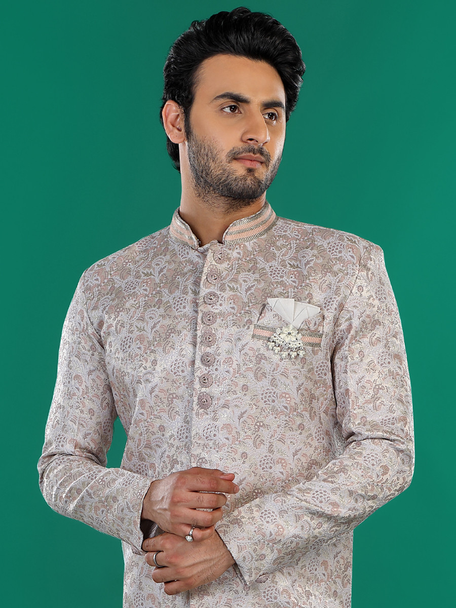 Peach Jacquard Silk Brocade Embroidered Party Wedding Kurta