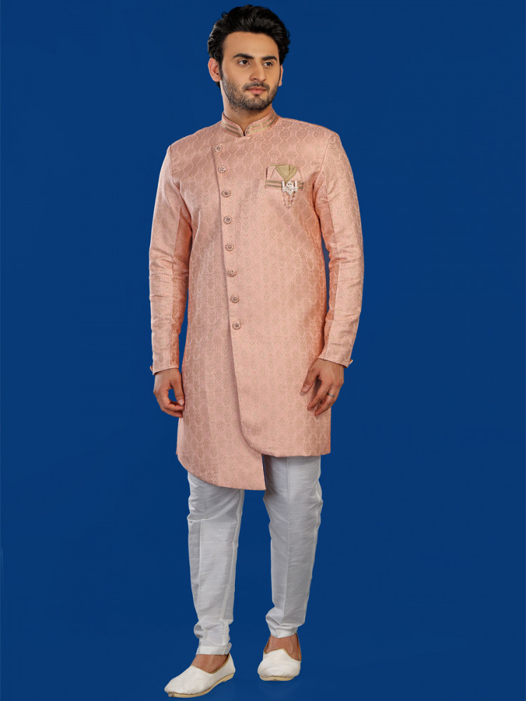 Peach Jacquard Silk Brocade Embroidered Party Wedding Kurta