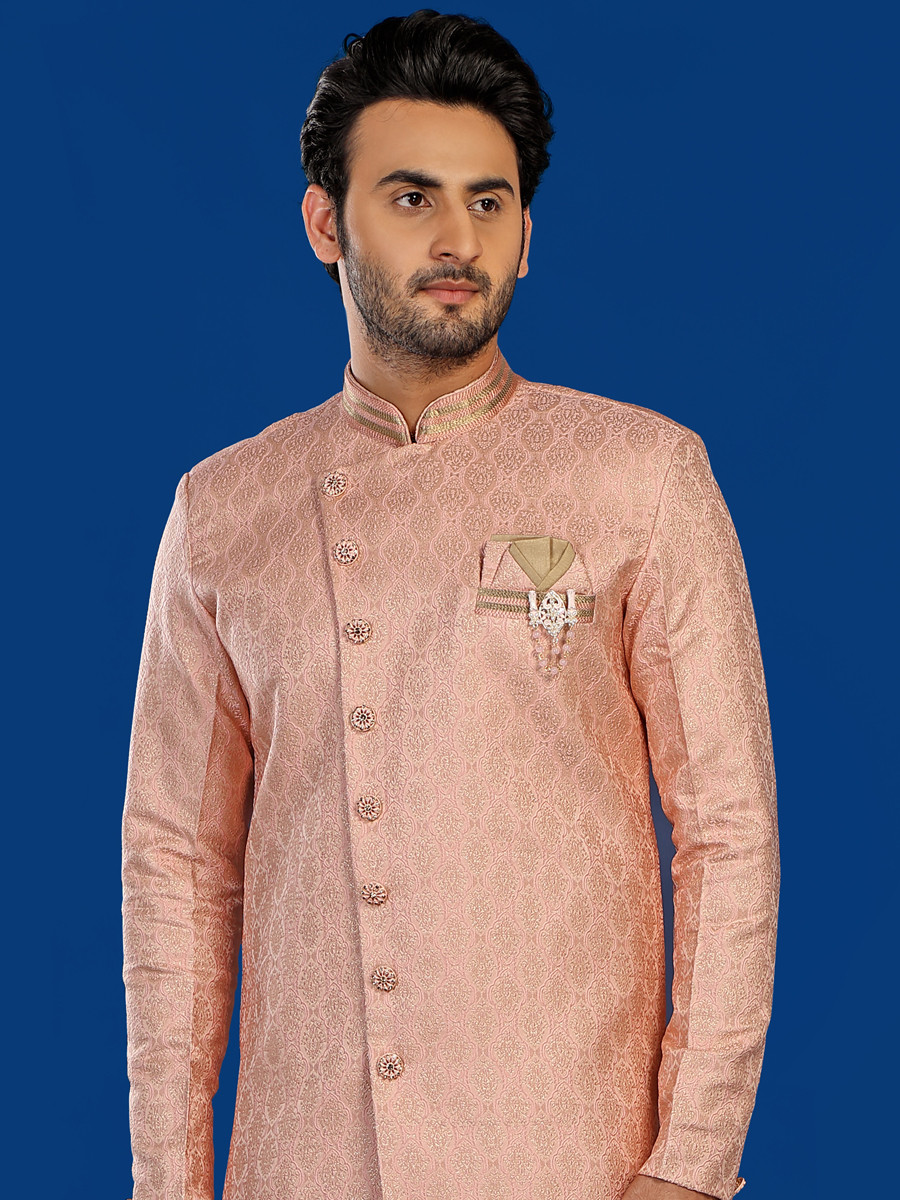 Peach Jacquard Silk Brocade Embroidered Party Wedding Kurta