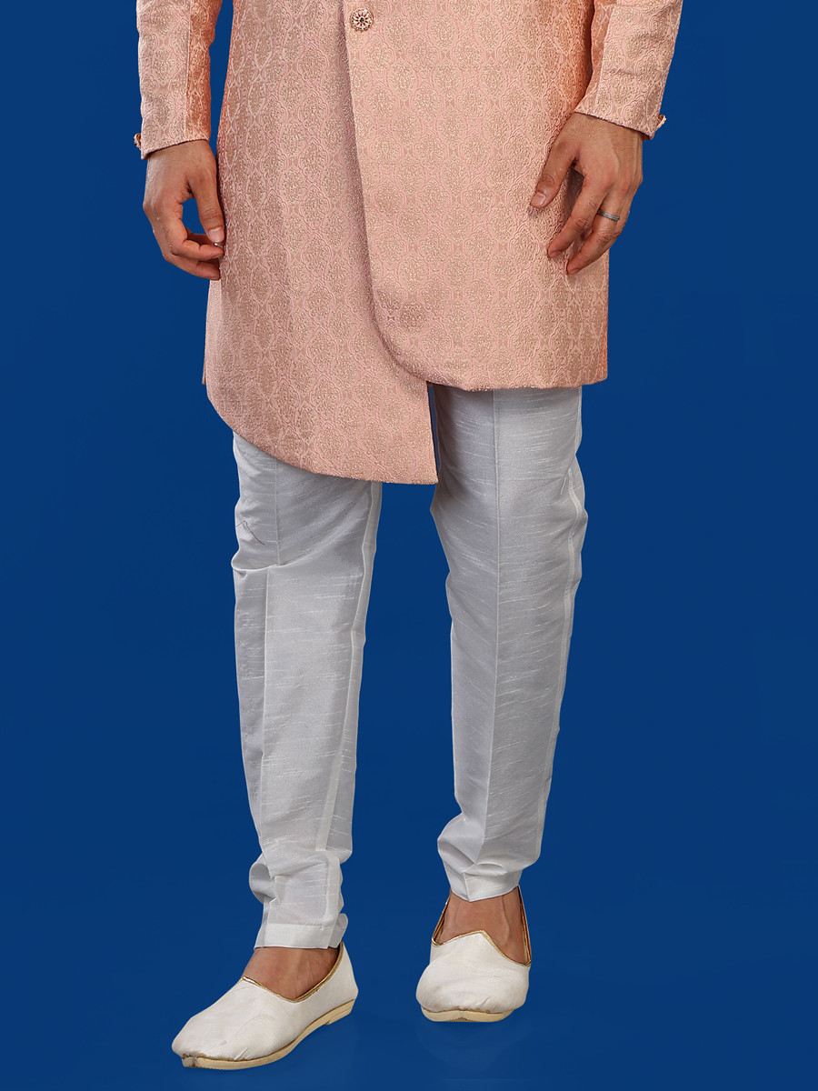 Peach Jacquard Silk Brocade Embroidered Party Wedding Kurta