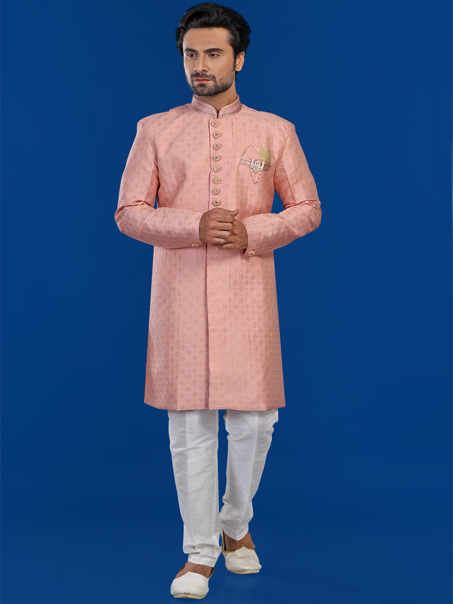 Peach Jacquard Silk Brocade Embroidered Party Wedding Kurta