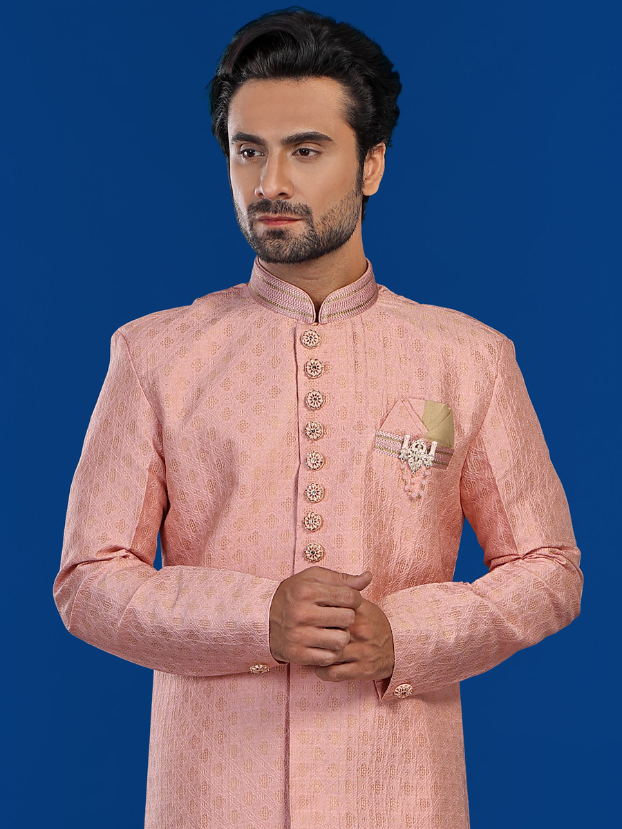 Peach Jacquard Silk Brocade Embroidered Party Wedding Kurta