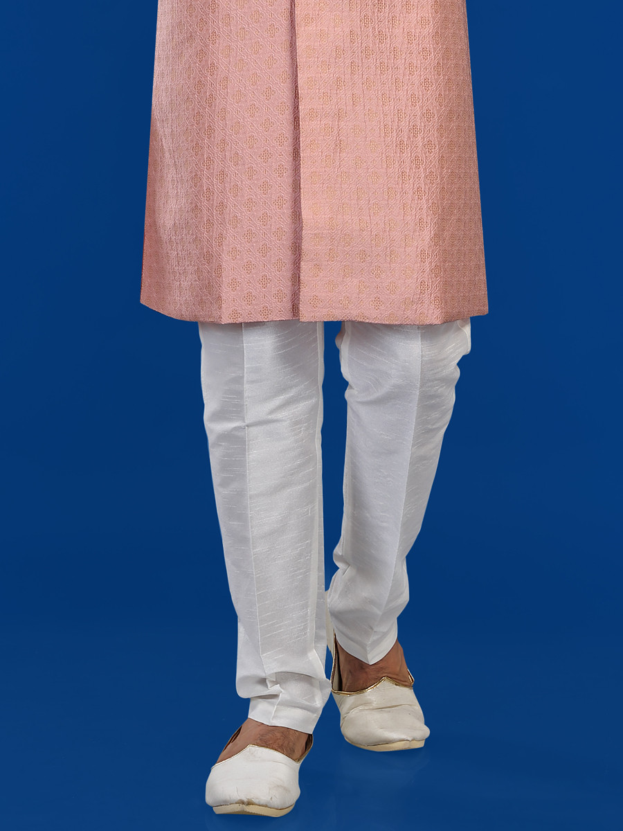 Peach Jacquard Silk Brocade Embroidered Party Wedding Kurta