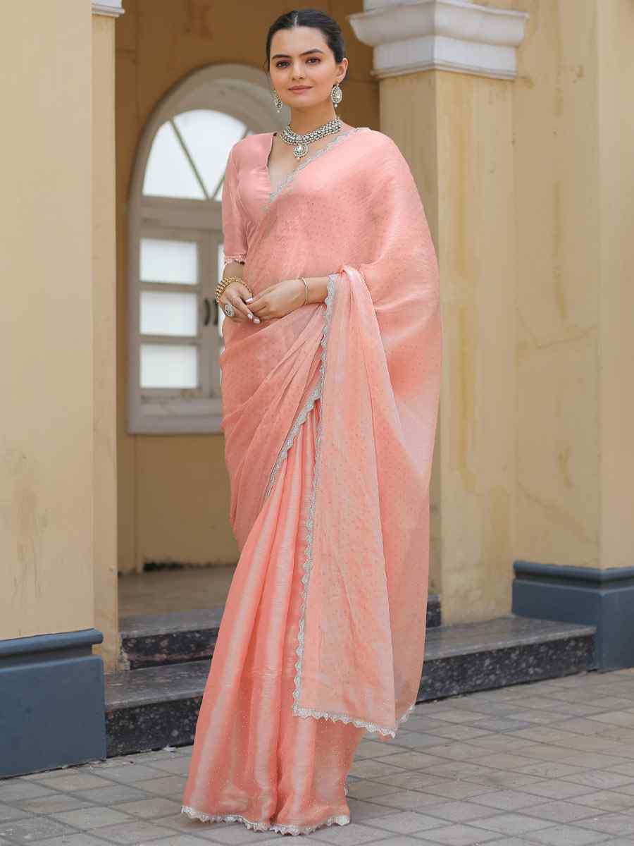 Peach Jimmy Choo Burberry Handwoven Festival Wedding Heavy Border Saree