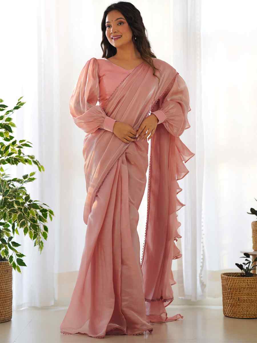 Peach Jimmy Choo Organza Handwoven Festival Party Classic Style Saree