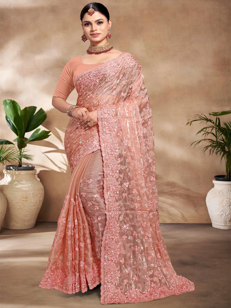 Peach Jimmy Choo Silk Embroidered Reception Wedding Heavy Border Saree