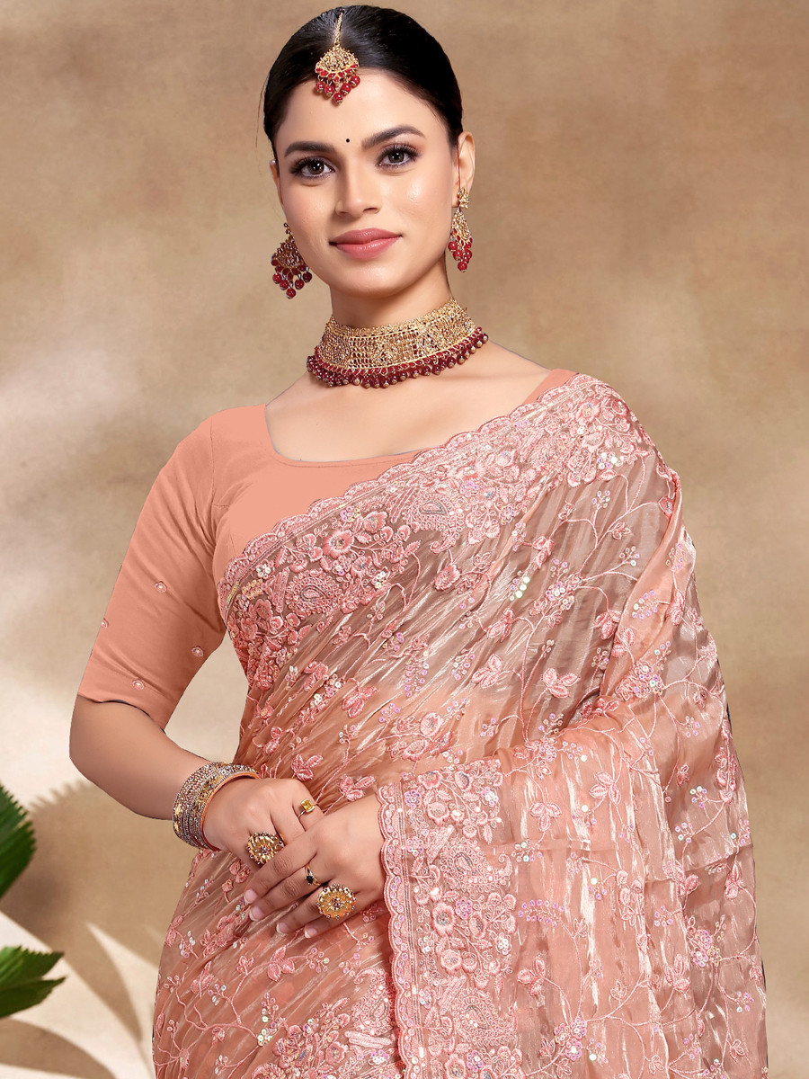 Peach Jimmy Choo Silk Embroidered Reception Wedding Heavy Border Saree