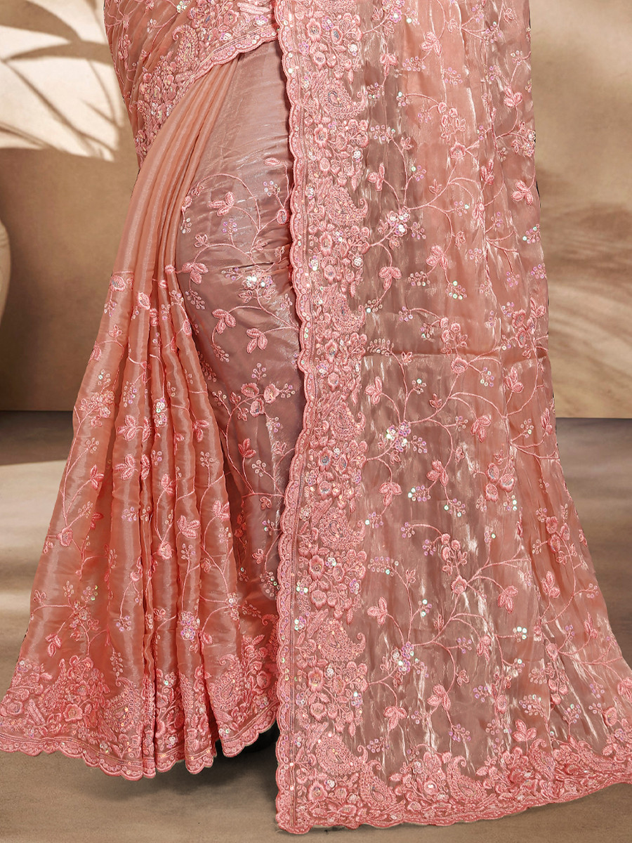 Peach Jimmy Choo Silk Embroidered Reception Wedding Heavy Border Saree