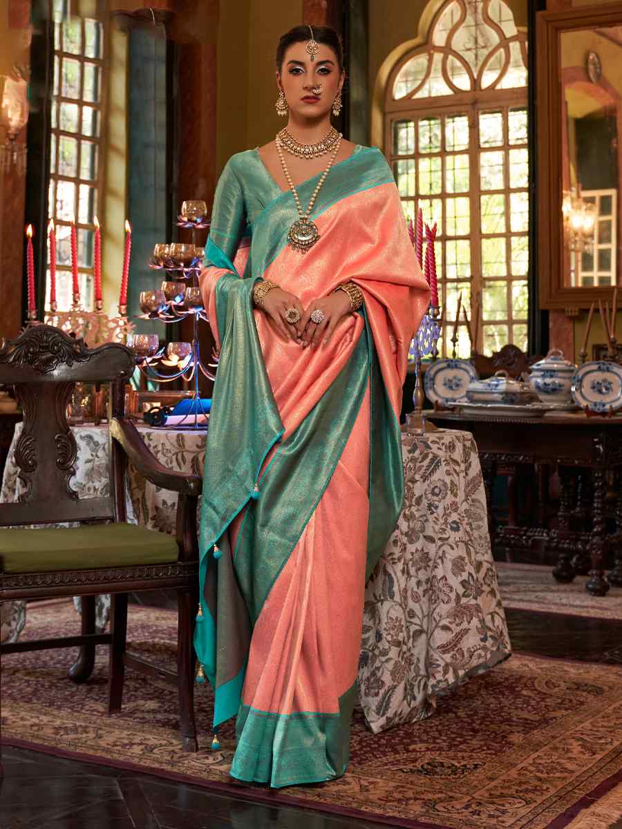 Peach Kanjivaram Silk Handwoven Wedding Festival Heavy Border Saree