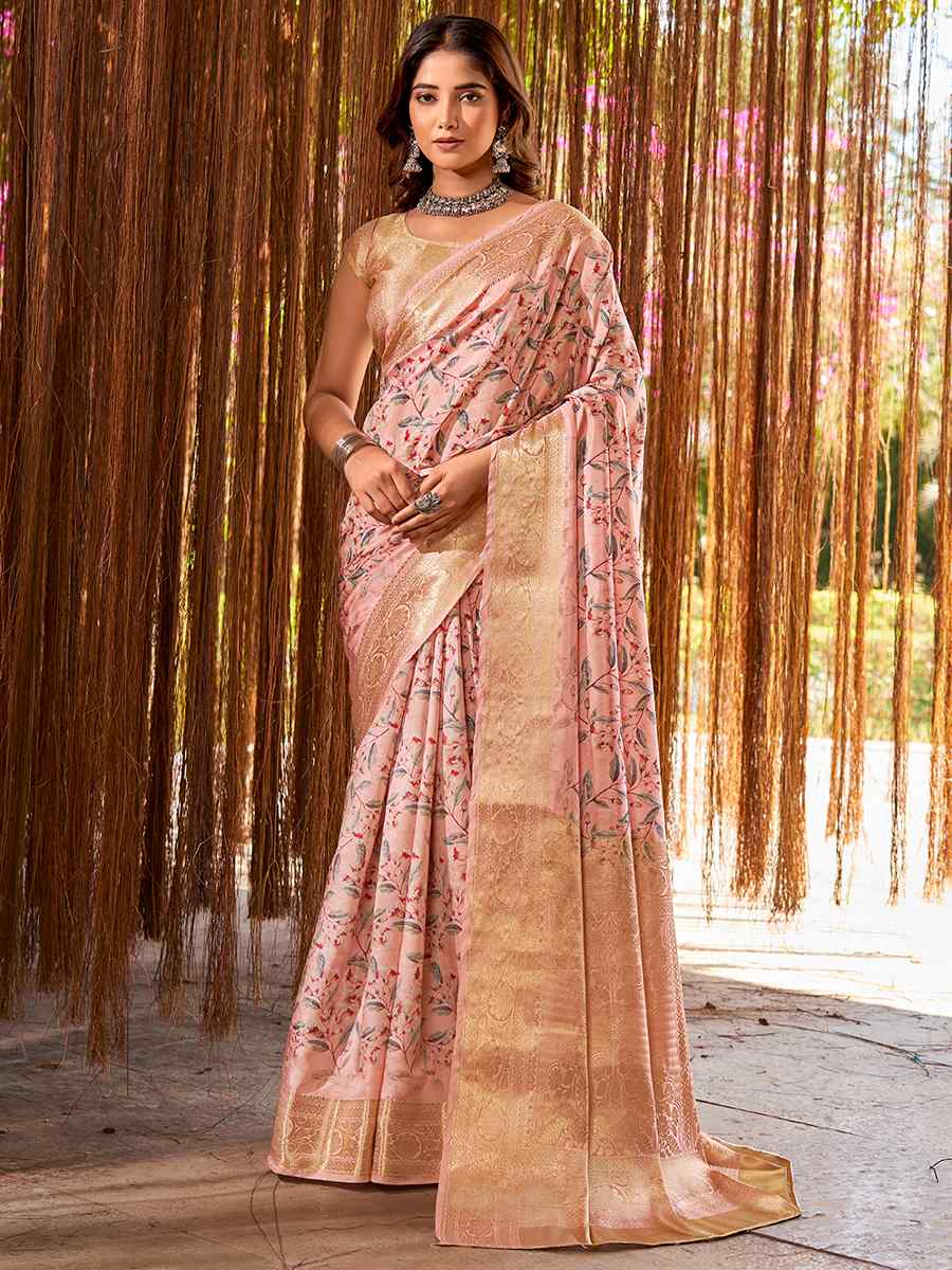 Peach Litchi Jacquard Printed Festival Casual Classic Style Saree