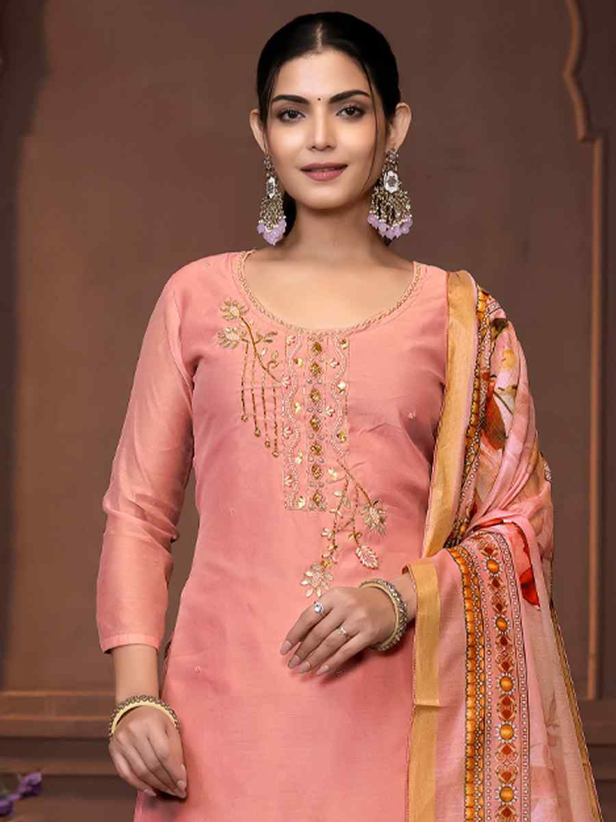 Peach Modal Cotton Embroidered Casual Festival Pant Salwar Kameez