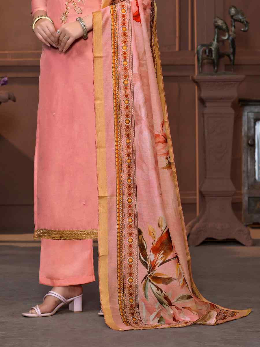 Peach Modal Cotton Embroidered Casual Festival Pant Salwar Kameez