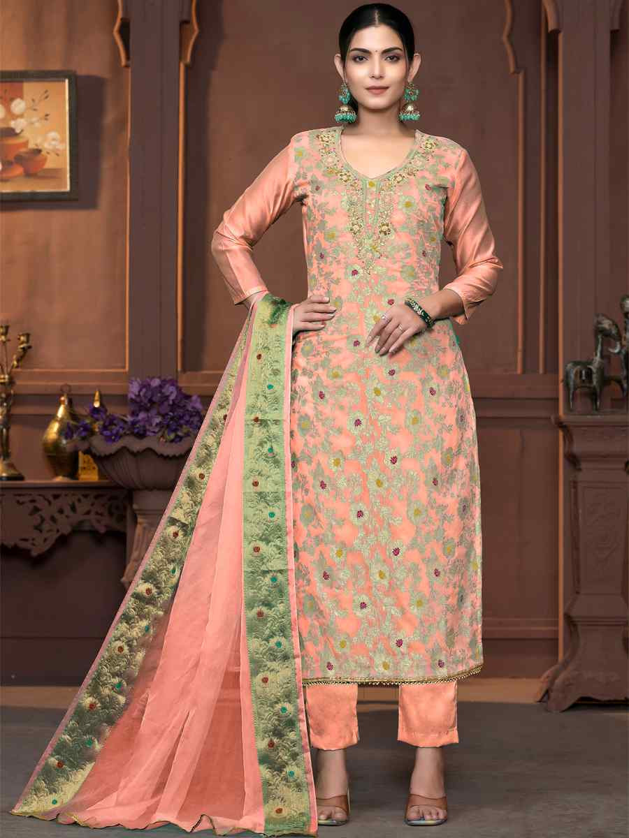 Peach Muslin Banarasi Cotton Embroidered Casual Festival Pant Salwar Kameez