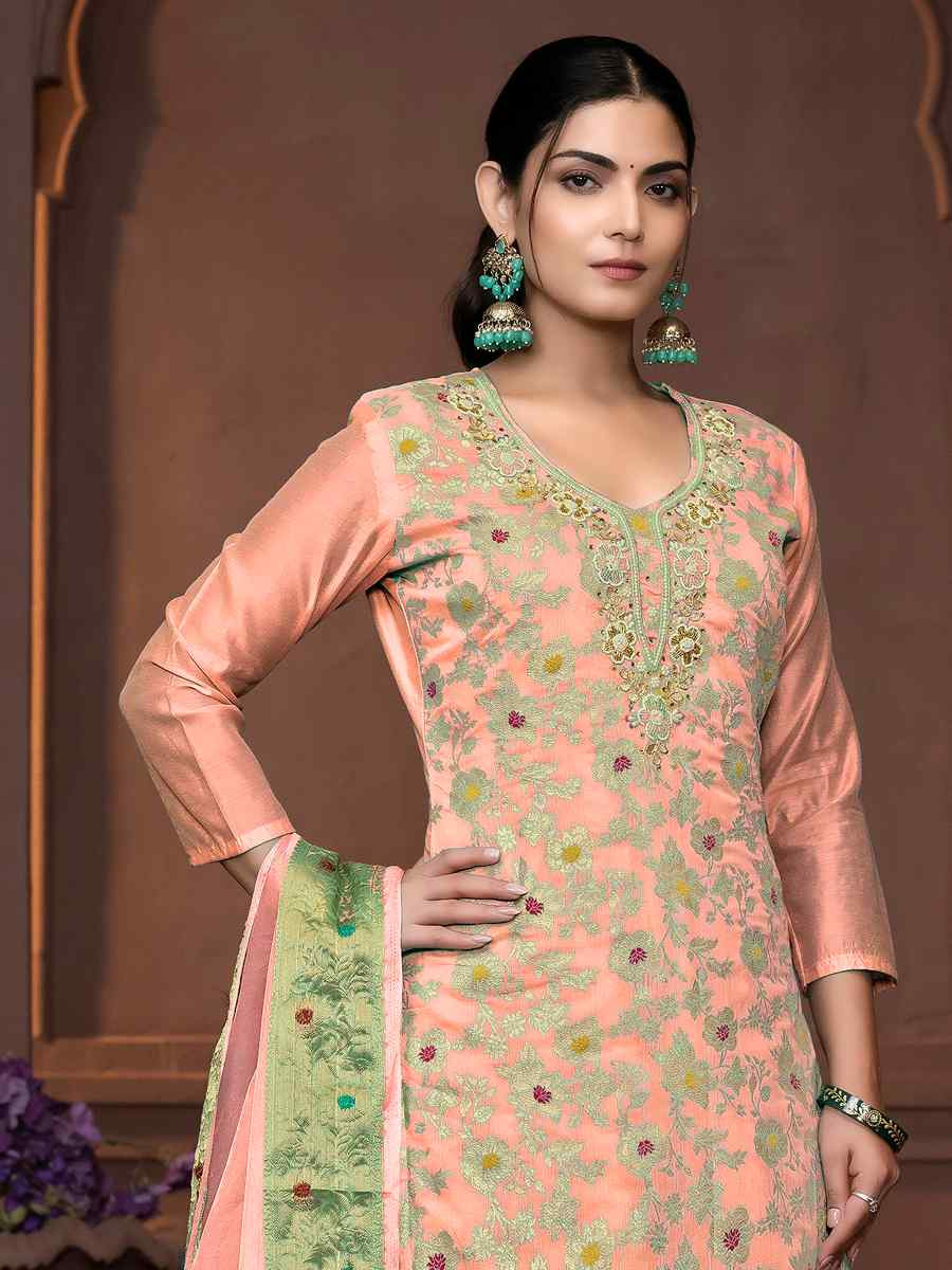 Peach Muslin Banarasi Cotton Embroidered Casual Festival Pant Salwar Kameez