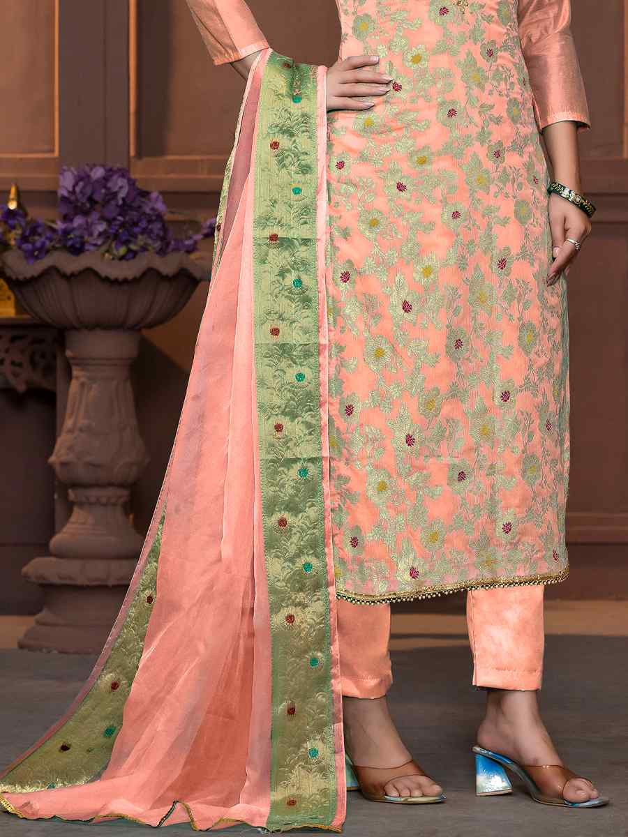 Peach Muslin Banarasi Cotton Embroidered Casual Festival Pant Salwar Kameez