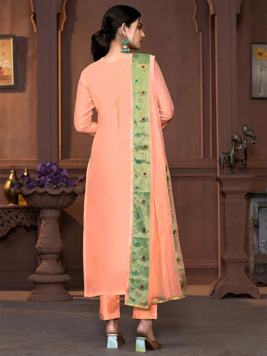 Peach Muslin Banarasi Cotton Embroidered Casual Festival Pant Salwar Kameez