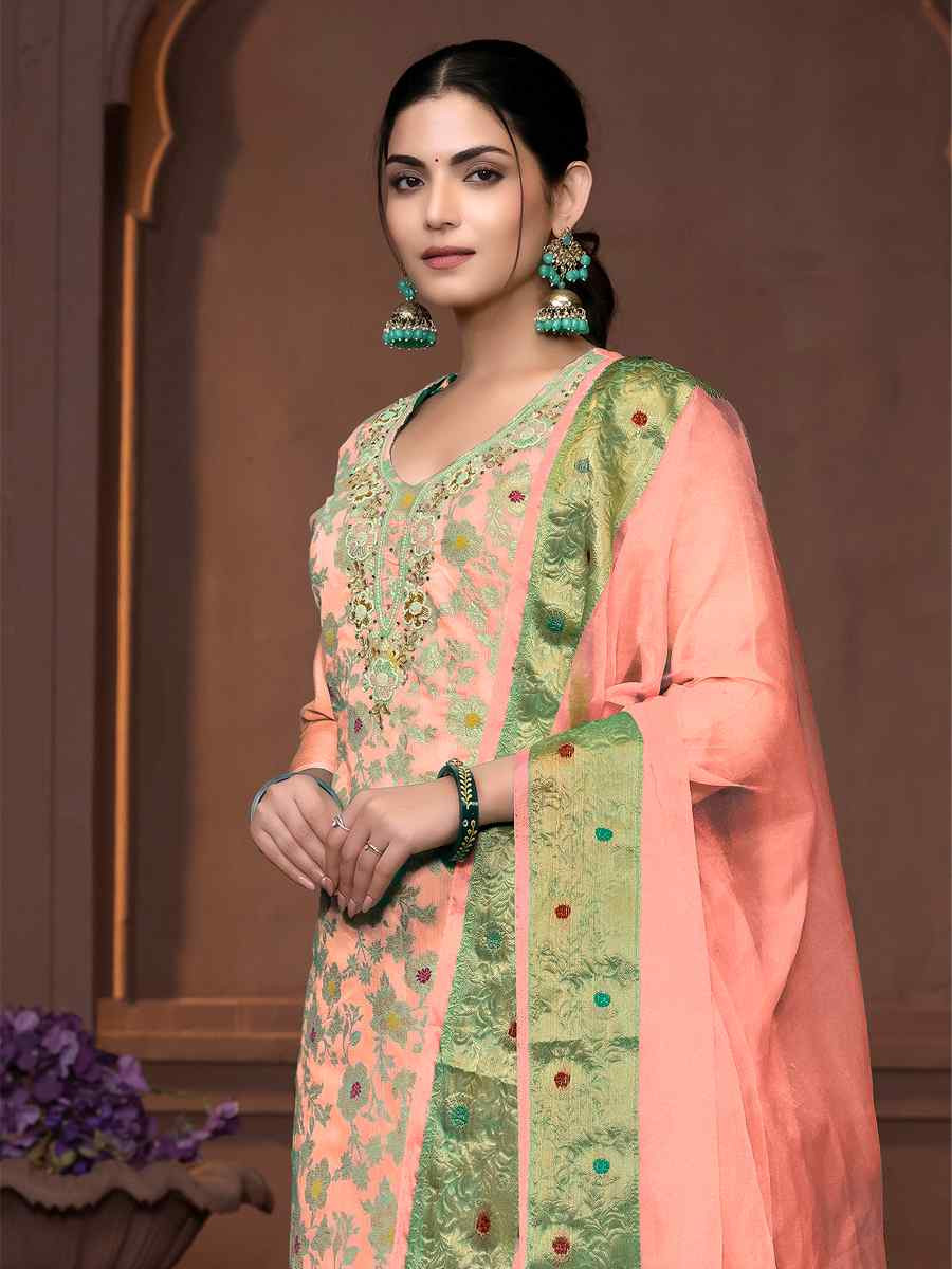 Peach Muslin Banarasi Cotton Embroidered Casual Festival Pant Salwar Kameez