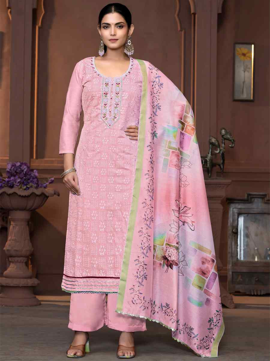 Peach Muslin Cotton Embroidered Casual Festival Pant Salwar Kameez