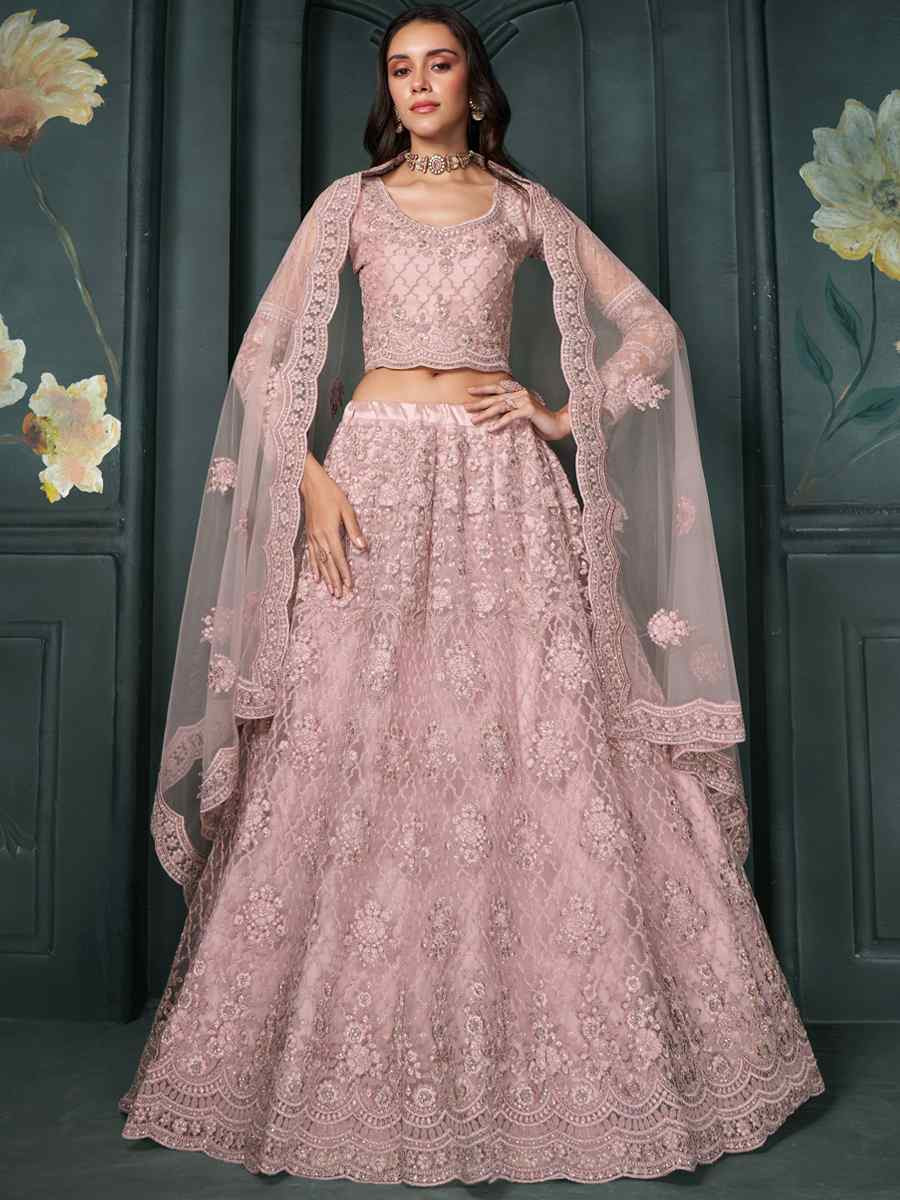 Peach Net Embroidered Bridesmaid Wedding Heavy Border Lehenga Choli